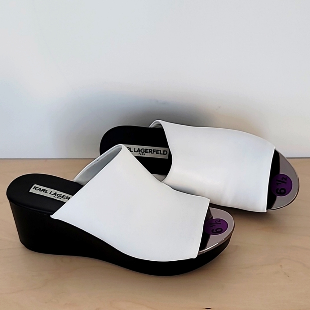 Karl Lagerfeld Lyric White Leather Wedge Slide Sandals W Mirrored Toe